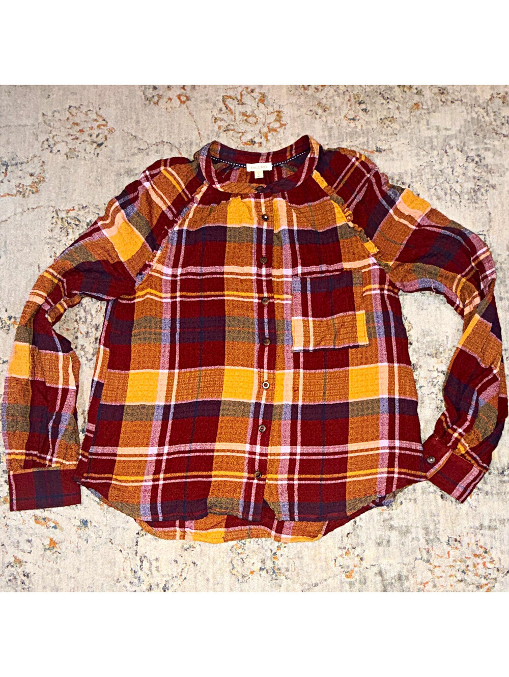 Pilcro Women's Plaid Button-Up Long Sleeve Round Neck Shirt Size S A160